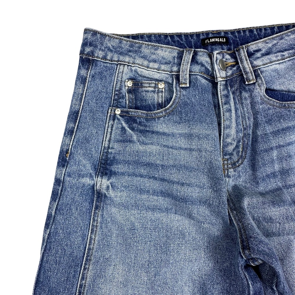 Flamingals Wide Leg Paneled Jeans Medium Wash High Rise Baggy Denim Blue Y2K - Picture 3 of 12